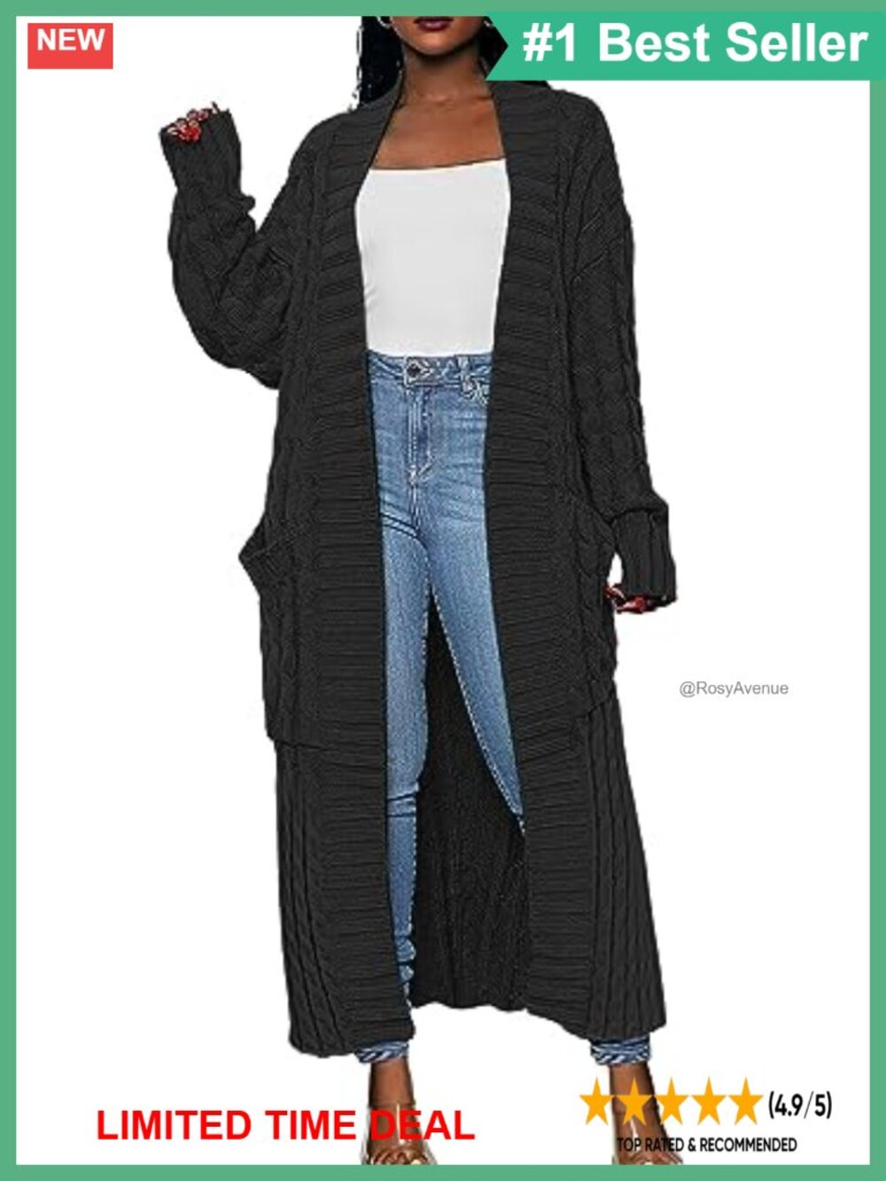 Long Open Front Cable Knit Cardigan Sweater Coat with Pockets